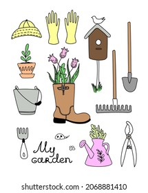 Gardener's kit: rake, pruner, bucket, shovel, birdhouse, gloves, panama hat, seedlings on a white isolated background. Vector drawing on the theme of gardening in the doodle style.