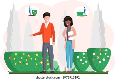 Gardeners landscape designers man and woman standing in garden with plan in hands cartoon characters. Creative professional floral architecture planning lawn flowerbed exterior, landscaping project