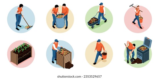 Gardeneradores que hacen composiciones isométricas compostales conjunto aislado 3d ilustración vectorial