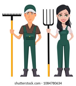 Gardeners, man and woman, cartoon characters, set. Handsome farmer with rake and beautiful farmer lady with pitchfork. Vector illustration.