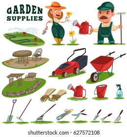 Gardeners man and woman, gardening supplies and tools. Teak furniture, benches, trellis, work leather gloves, watering can, wheelbarrow, spade, lawn mower, auto watering for grass. Vector cartoon set.