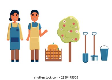 Los jardineros hombres y mujeres. Un conjunto de elementos para el cuidado del jardín. Torta, pala, balde, canasta con calabazas, manzana. Vectores planos en delantales cuidan el jardín. Ilustración infantil