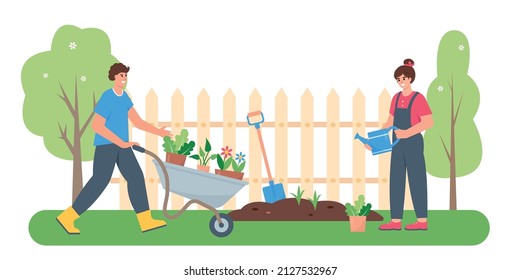 Gardeners man and woman work in garden or city park. Volunteering, social charity concept. Spring or summer banner, concept or background vector illustration.