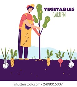 Gardeners people characters working in garden farm land concept. Gardening spring summer time season. Modern simple line outline style. Vector cartoon graphic design element illustration