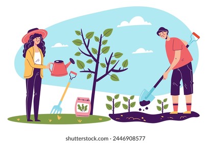 Gardeners people man woman characters working in garden farm land concept. Gardening spring summer time season. Modern simple line outline style. Vector cartoon graphic design element illustration