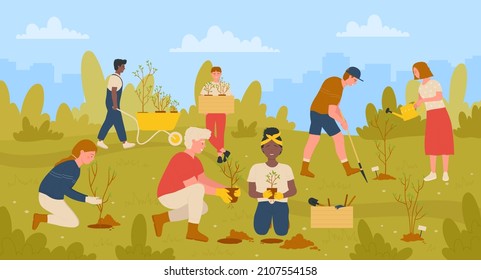 Gardeners People Work In Eco Garden Together Vector Illustration. Cartoon Community Of Children And Adults Volunteers Gardening, Persons Planting Seedlings Of Trees In Green Summer Or Spring Park