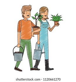 Gardeners with plants and tools scribble