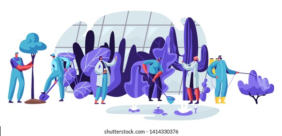 Gardeners and Scientists Characters Growing and Caring of Plants in Garden Greenhouse. Gardening People Watering, Planting, Raking Trees, Taking Tests, Seasonal Work Cartoon Flat Vector Illustration