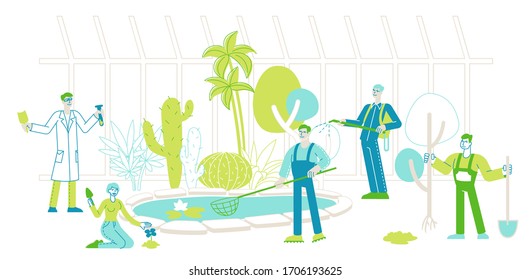 Gardeners and Scientists Characters Growing and Caring of Plants in Garden Greenhouse. Gardening People Testing Watering, Fertilizing, Planting, Raking Trees, Seasonal Work. Linear Vector Illustration