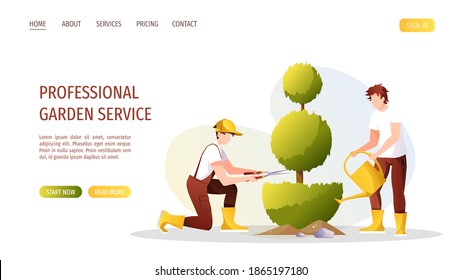 Gardeners with scissors and can trimming and watering plant. Garden service, Landscape design, gardening concept. Vector illustration for banner, advertising, poster, website.