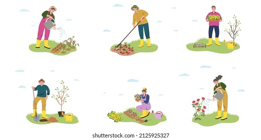 Gardeners set, spring,summer - modern flat vector illustration concept of different people - men and women doing gardening - watering, planting, pruning, hoe, organizing spring gardening concept