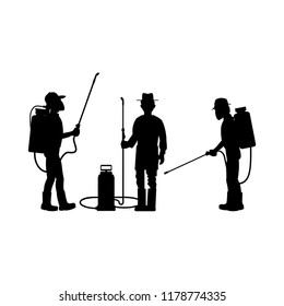 Gardeners with a sprayer. Set of vector silhouettes isolated on white background