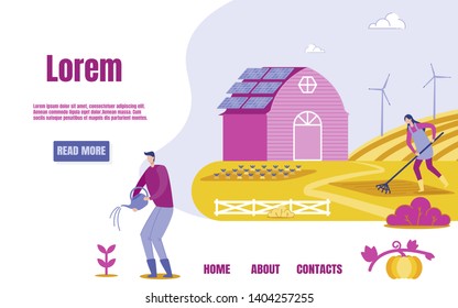 Gardeners Taking Care Fields Banner Vector Illustration. Growing and Watering Plants in Nature, Clean Ecology, Garden Tools such as Watering Can, Rake. Farming and Organic Fresh Vegetables.