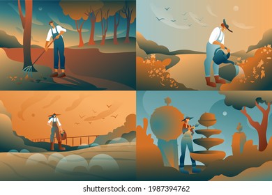 Gardeners at work, men and women in overalls and hats with tools for plants and lawns. A set of illustrations of an abstract flat background with a garden, park, glades with an irrigation system. 