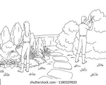 Gardeners working in the garden graphic black white landscape sketch illustration vector