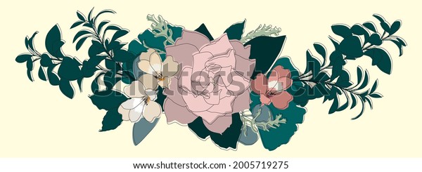 Gardenia and alstroemeria composition. Shades of\
pink and yellow with blue-ish leaves. Wedding invitation, ornament,\
handmade vector,\
modern