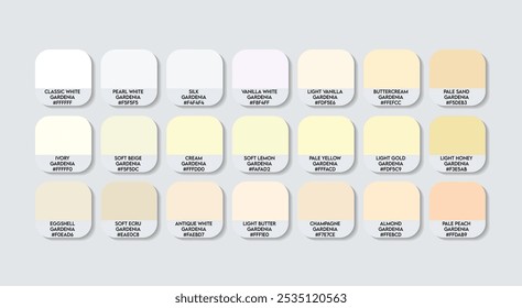 Paleta de cores da flor de Gardênia, Guia de cores da flor de Gardênia Paleta com nomes de cores. Catálogo Amostras de Gardênia com códigos RGB HEX. pintura, variações de luz natural, Moda Creme Tendência Paleta de Cores