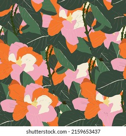 Gardenia flower illustration pattern. Creative collage contemporary floral seamless pattern. Fashionable template for design.