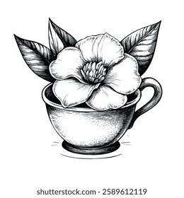 Gardenia flower in a teacup 3 colors engraving sketch black and white EPS 10