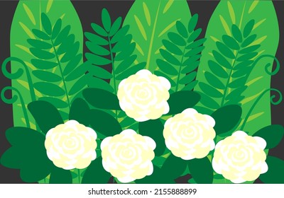 Gardenia flowers and tropical green plants.
