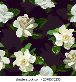 Gardenia flowers vector seamless pattern. White floral elegant background