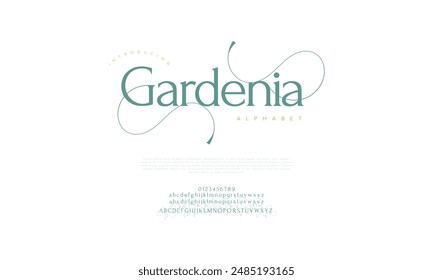 Gardenia premium luxury elegant alphabet letters and numbers. Vintage wedding typography classic serif font decorative vintage retro. creative vector illustration