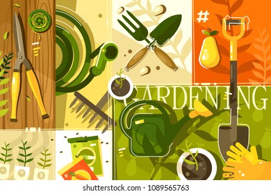 Gardening abstract background. Tools for garden, shovel and secateurs, vector illustration