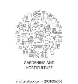 Gardening abstract linear concept layout with headline. Plant care in home yard. Horticulture minimalistic idea. Horticulture. Thin line graphic drawings. Isolated vector contour icons for background