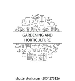 Gardening abstract linear concept layout with headline. Plant care in home yard. Horticulture minimalistic idea. Horticulture. Thin line graphic drawings. Isolated vector contour icons for background