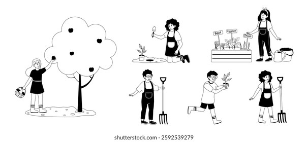 Gardening activities in a community garden showcasing diverse individuals enjoying nature