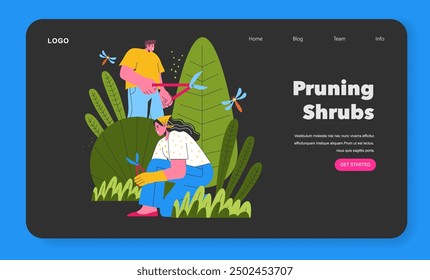 Gardening activities illustration. A girl crouches during shrub pruning while a man trims with shears. Outdoor botanical care. Vector illustration.