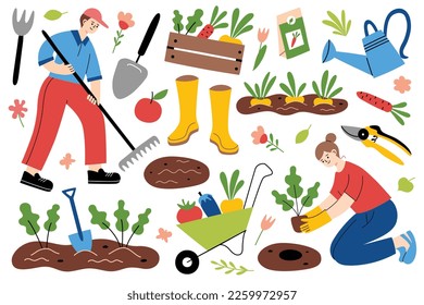 Gartenarbeit, Menschen, die im Garten arbeiten, Regenböden, Pflanzungen, handgezeichnete Kollektion von Gartenwerkzeugen, Doodle-Ikonen von Rake, Tränkelose, Schaufel, Vektorgrafiken der Landwirtschaft