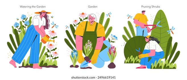 Gardening activity set. Women and man engaging in planting, watering, and pruning outdoor plants. Serene gardening scenes in nature. Vector illustration.