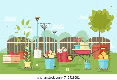 Gardening and agriculture equipment and tools against wooden fence and garden plants on background - wheelbarrow, watering can, shovel, rake, gloves, pruner, rubber boots, trowel. Vector illustration.