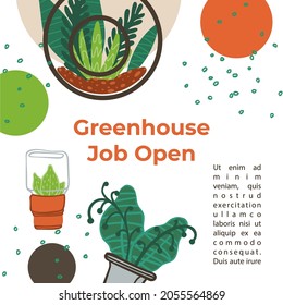 Gardening and agriculture hobby, greenhouse and hothouse, orangery and plants care. Vacancy for gardener, caring for ecology and environment. Ecosystem in jars and bottles. Vector in flat style
