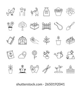 Gardening, Agriculture, and Horticulture Icons Set. Featuring Plants, Flowers, Seeds, Tools, Greenhouse, Watering, and More, Vector Illustration , Editable Stroke.