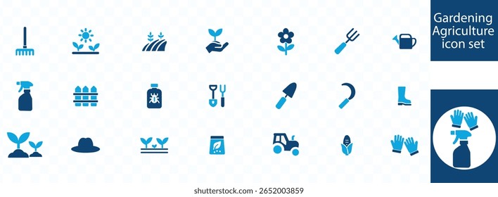 Gardening, Agriculture icon set. Vector pictograms of grow your own food, watering can, greenhouse, seedling, sprout, farmer, pollination