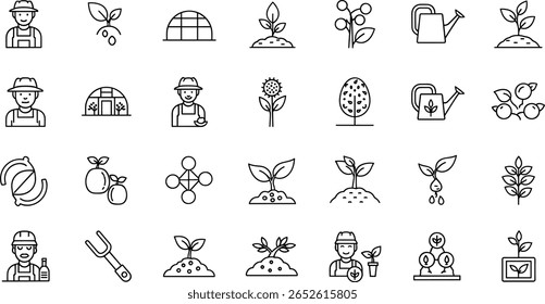 Gardening, Agriculture line icon set. Vector pictograms of grow your own food, watering can, greenhouse, seedling, sprout, farmer, pollination, fertilizer thin linear