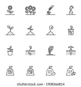 Gardening and agriculture line icons set, outline vector symbol collection, linear style pictogram pack. Signs, logo illustration. Set includes icons as growing plant, sprout in soil, seed bag, wheat