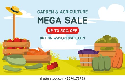 Gardening and agriculture mega sale promotion. Web banner with fresh farm vegetables and fruits in wooden crates, baskets and bowls. Concept of organic garden food market. Flat vector illustration.