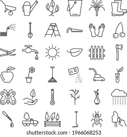 Gardening, agriculture, seeding, work tools, watering plants, caring for trees. Set of vector icons, isolated, Outline, perfect pixel 48x48.