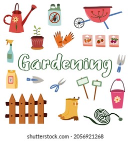 Gardening. Agriculture tools. Housekeeping equipments. Isolated vector illustration on white background.