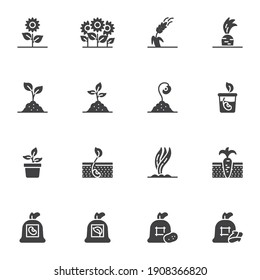 Gardening and agriculture vector icons set, modern solid symbol collection, filled style pictogram pack. Signs, logo illustration. Set includes icons as growing plant, sprout in soil, seed bag, wheat