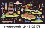 Gardening and agriculture vector illustrations big set. Garden tools, household collection. Growing vegetables. Spring greenhouse plants, seedlings, potting ladder, compost, cart. Landscape design.