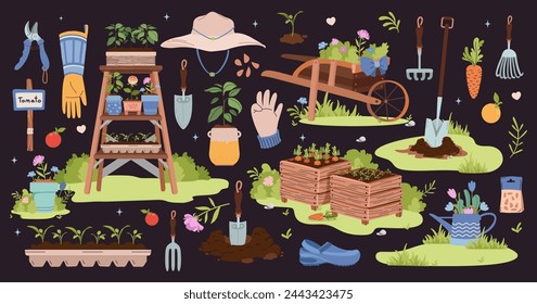 Gardening and agriculture vector illustrations big set. Garden tools, household collection. Growing vegetables. Spring greenhouse plants, seedlings, potting ladder, compost, cart. Landscape design.