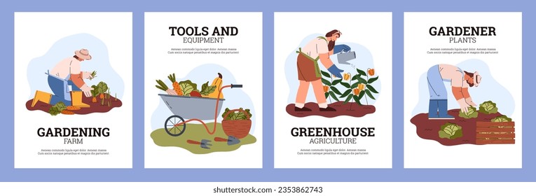 La jardinería y la agricultura hacen afiches con personajes de la gente, ilustración plana vectorial. Pancartas de jardinería y agricultura agrupadas para equipamiento y suministros agrícolas.