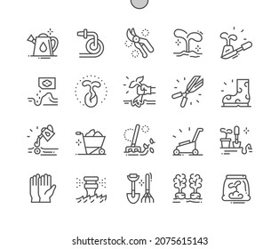 Gardening. Automatic watering. Sowing seeds. Sprout, fertilizer, sprinkler and watering. Pixel Perfect Vector Thin Line Icons. Simple Minimal Pictogram