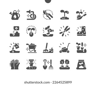 Gardening. Automatic watering. Sowing seeds. Sprout, fertilizer, sprinkler and watering. Vector Solid Icons. Simple Pictogram