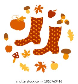 Gardening. Autumn set: rubber boots, pumpkin, apple, mushroom, acorn, maple and oak leaf. Harvest festival. Flat design. Isolated elements on a white background. Vector illustration.