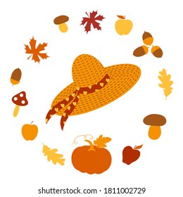 Gardening. Autumn set: straw hat, pumpkin, apple, mushroom, acorn, maple and oak leaf. Harvest festival. Flat design. Isolated elements on a white background. Vector illustration.